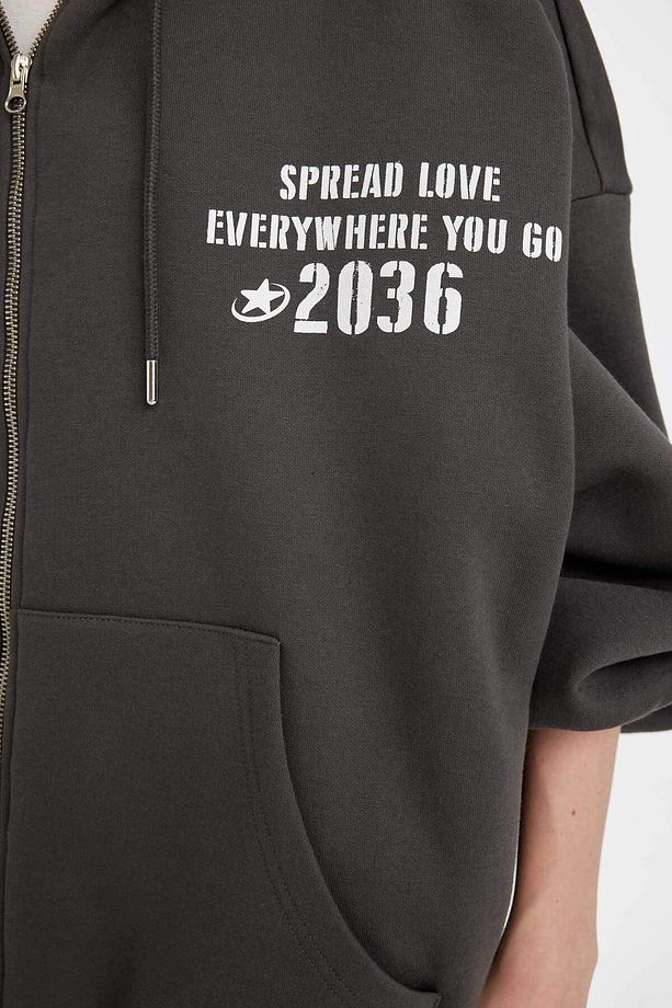 DFC - Oversize Fit Kapüşonlu Baskılı Kalın Kumaş Hırka - 6