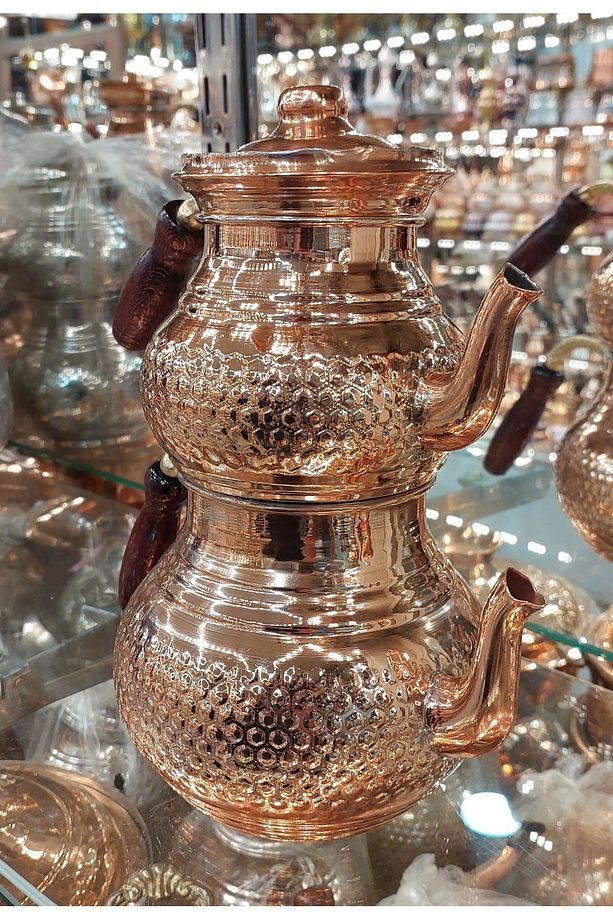 Bakır Çaydanlık El Işlemesi Dövmesi Nakışlı Gümüş Bakır Çaydanlık Büyük Aile Boy Bakır Demlik - 1