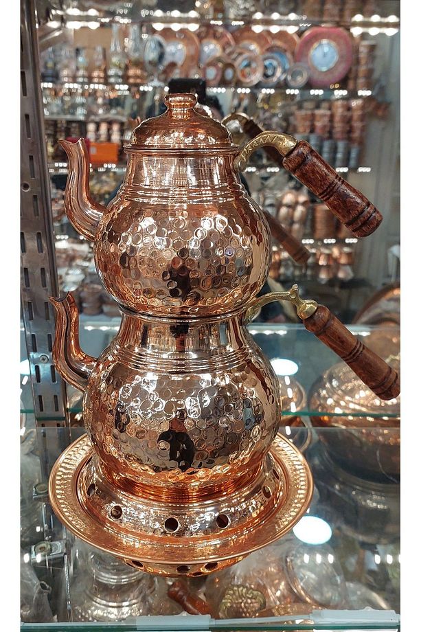 Bakır Çaydanlık & Bakır Demlik El Dövmesi Dövme Desenli Osmanlı Ocaklı Bakır Çaydanlık Büyük Boy - 1
