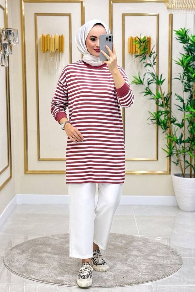 Moda Neva Women's Dusty Rose Striped Hijab Tunic
