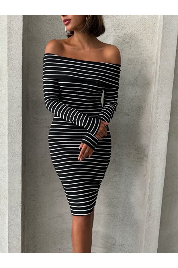 Women's Madonna Collar Open Shoulder Striped Body-Conscious Camisole Pencil Dress Rd2040