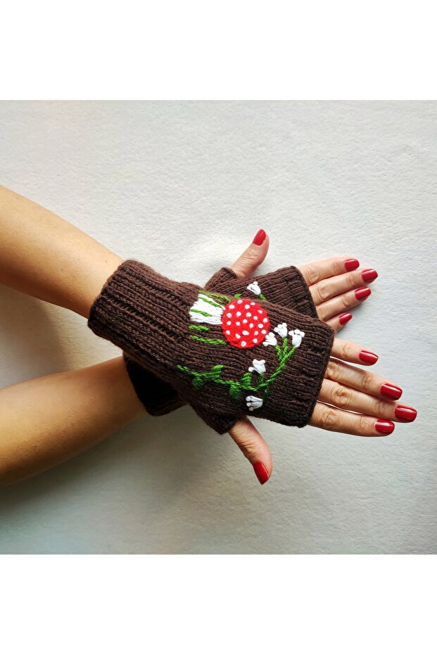 Women's Gloves - Mushroom Embroidered, Fingerless, Hand Knitted and Crocheted