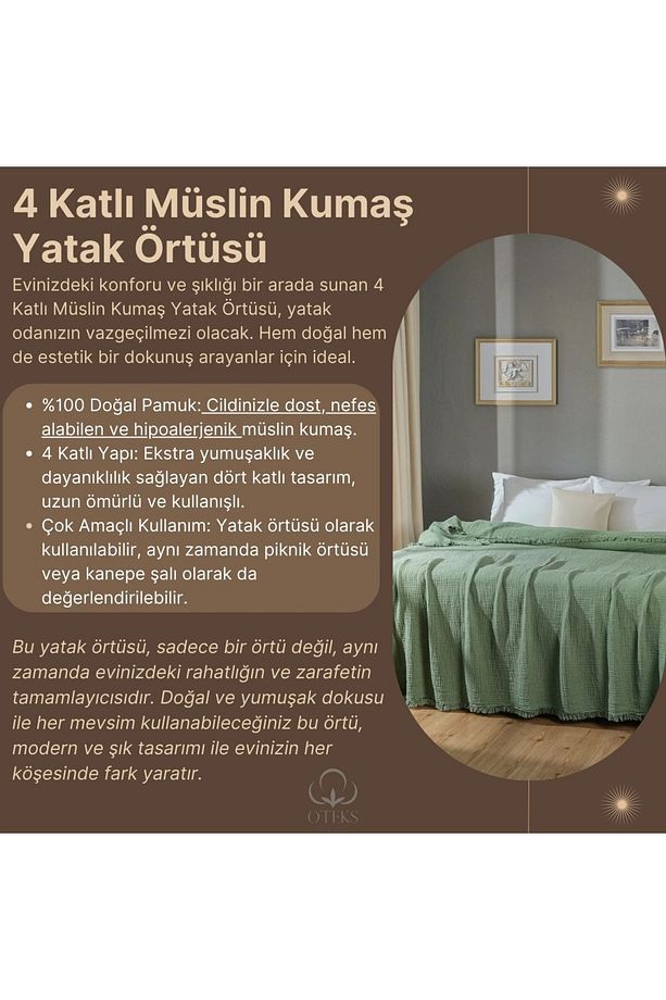 Ekru 4 Kat Müslin Tek Kişilik Yatak Örtüsü/pike (160 X 200CM) - 4