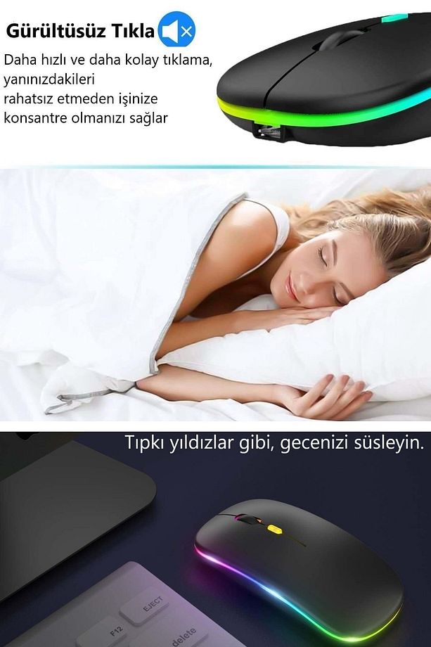 Çift Modlu Kablosuz Bluetooth Mouse Rgb Ledli Şarj Edilebilir Sessiz Tıklama Ergonomik - 6