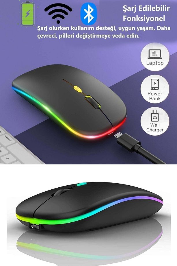 Çift Modlu Kablosuz Bluetooth Mouse Rgb Ledli Şarj Edilebilir Sessiz Tıklama Ergonomik - 3