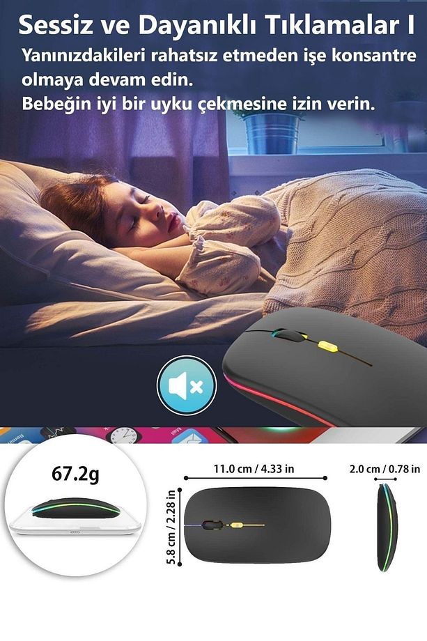Çift Modlu Kablosuz Bluetooth Mouse Rgb Ledli Şarj Edilebilir Sessiz Tıklama Ergonomik - 5
