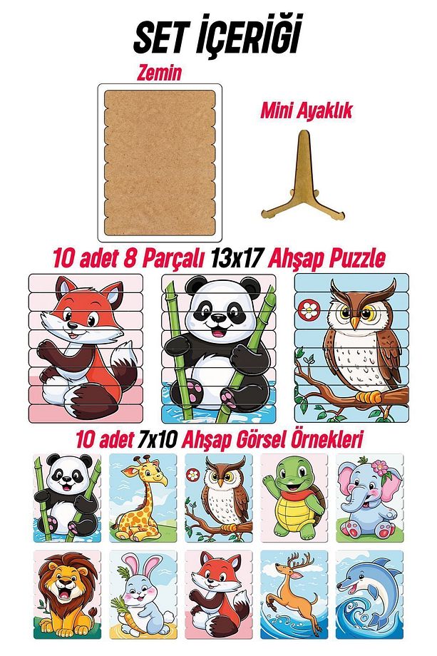 Ahşap Çubuk Puzzle, 10lu Set Puzzle, Hayvan Puzzle, Montesorri Puzzle - 6