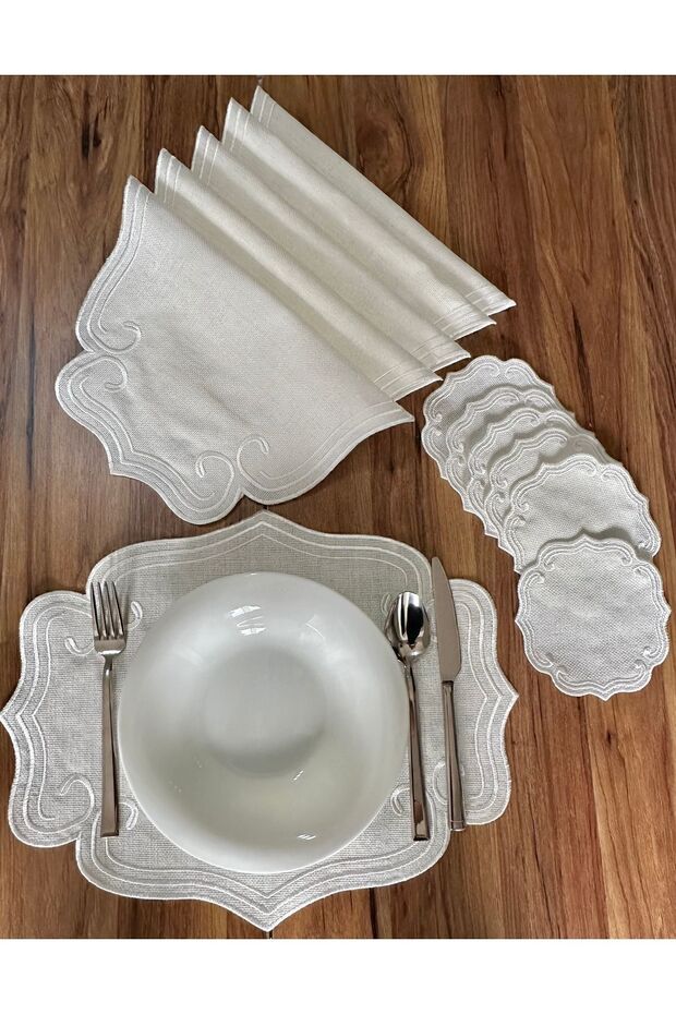 Curly Model Ecru Embroidered 12-Piece Set Placemat and Cocktail Presentation Napkin