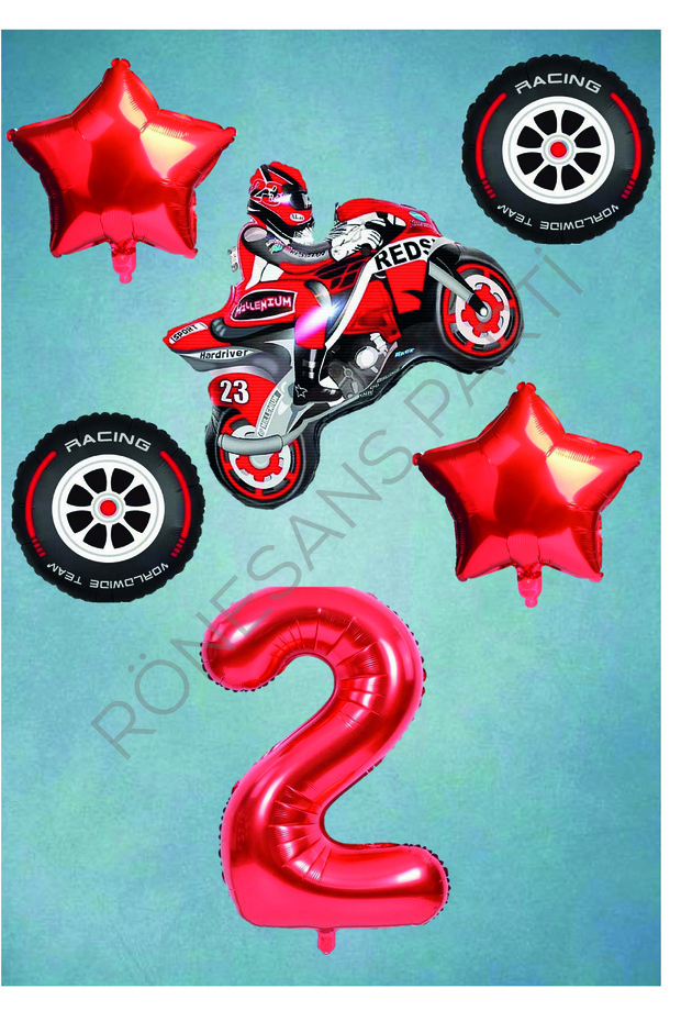 Red Number Star Motorcycle Balloon Set - Racing Tire, Age-2