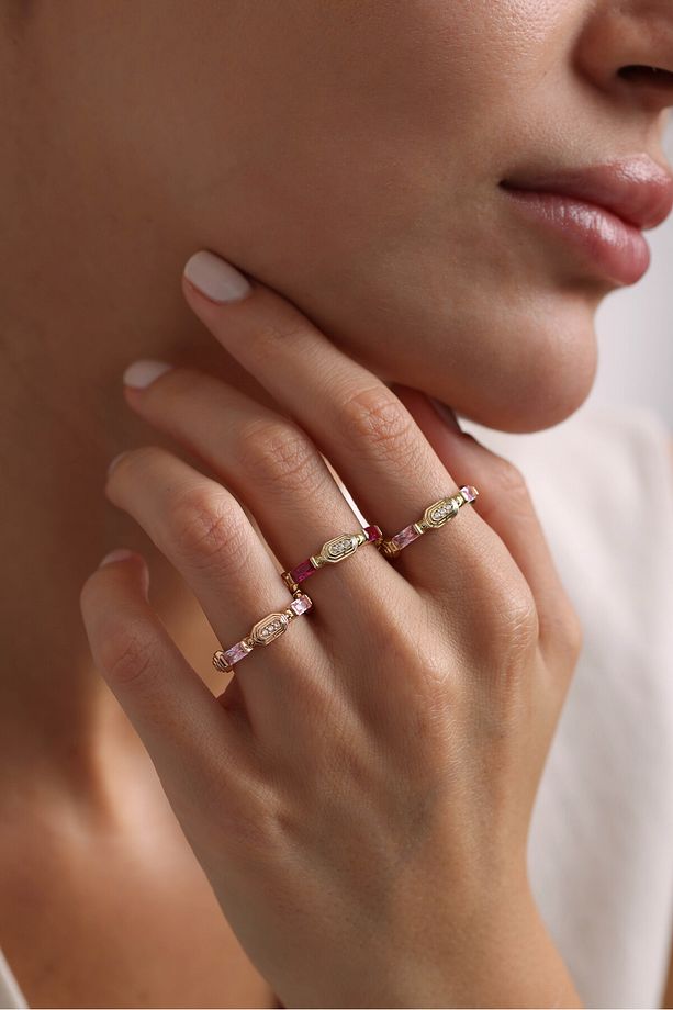 14 Ayar Altın Rose Altın Pembe Baget Taşlı Heritage Minimal Yüzük - 1