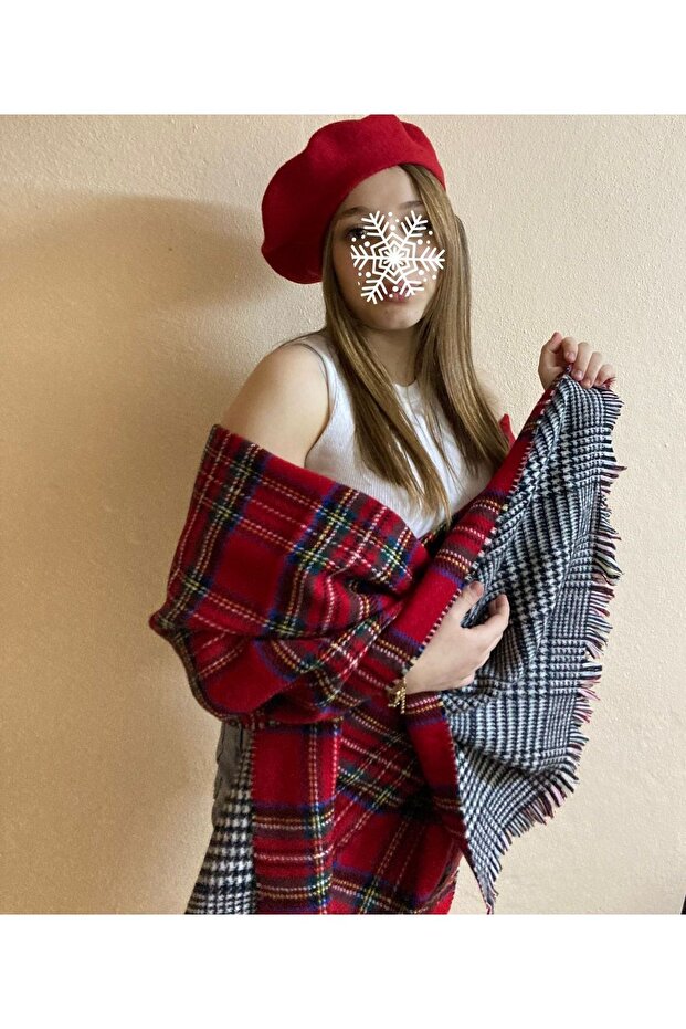 Red Double Sided Plaid and Herringbone Shawl Scarf and Painter Beret Set of 2 - Valentine's Day Gift