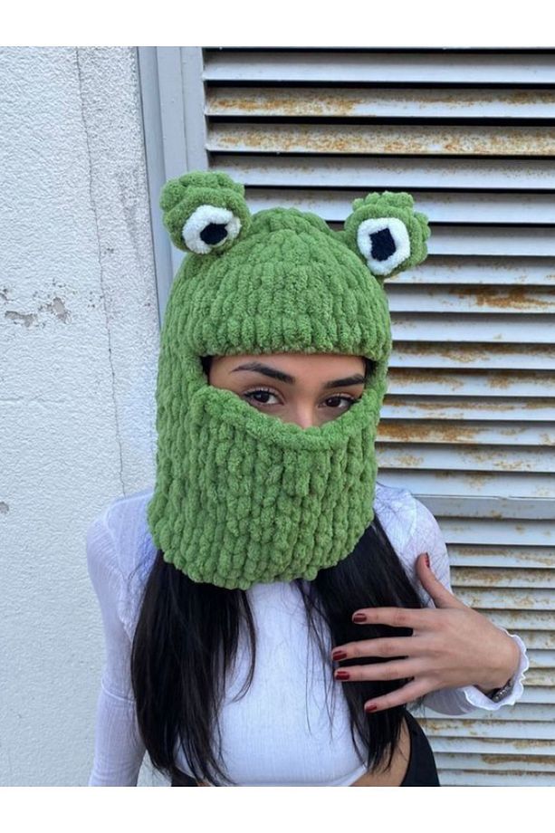 Yeşil Kurbağa Puffy Kar Maskesi Balaklava Yeni Trend Bere El Yapımı El Örgüsü Şapka - 2