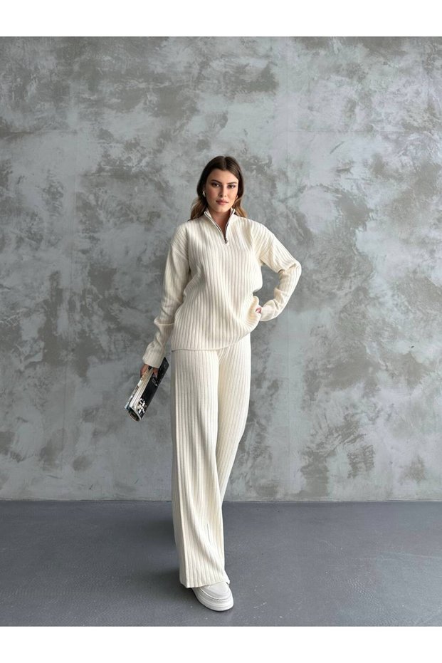 Women's Ribbed Collar Zippered Leg Slits Side Zipper Knitwear Suit Ecru