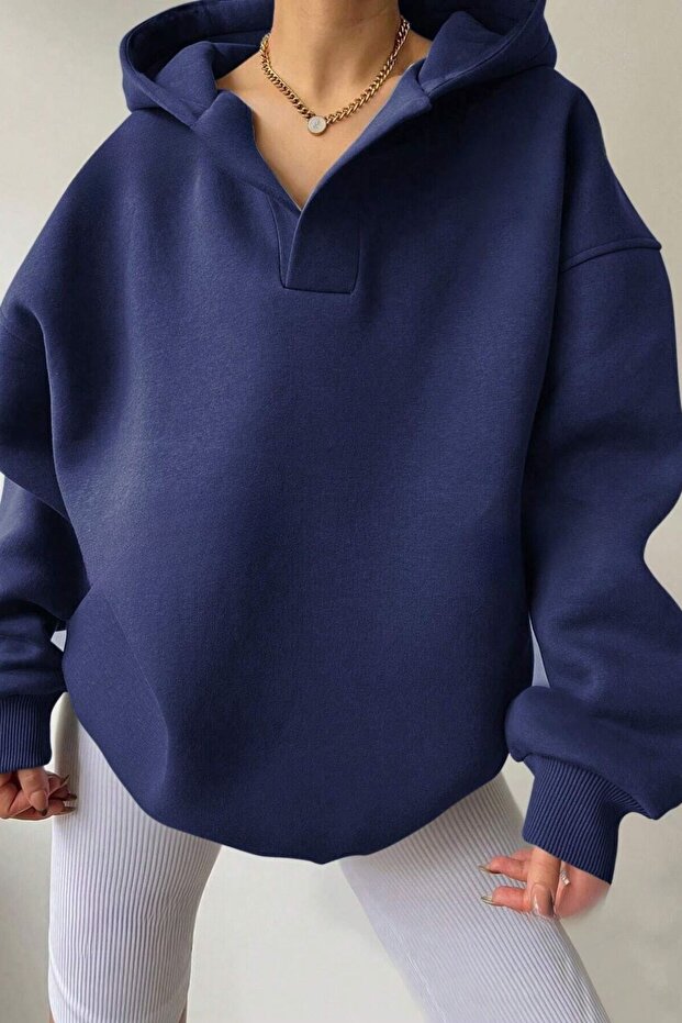 Women's 3 Thread Navy Blue Relax Collar Detail Oversize Hooded Sweatshirt