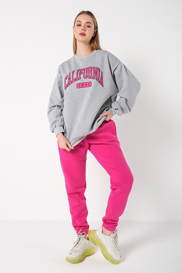Damski 3-nitkowy komplet dresowy w kolorze szaro-różowym z Kalifornii 1991, z nadrukiem w rozmiarze oversize, z górą i dołem - 3