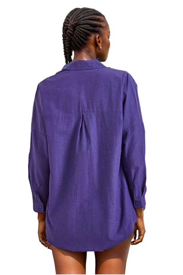 Kadın Mor Oversize Uzun Basic Gömlek - 2