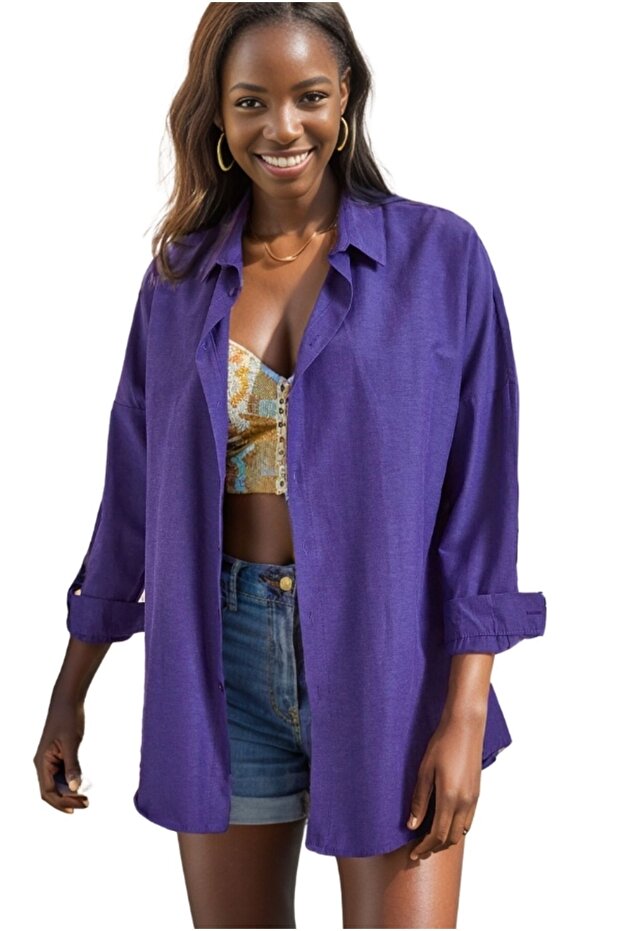 Kadın Mor Oversize Uzun Basic Gömlek - 4