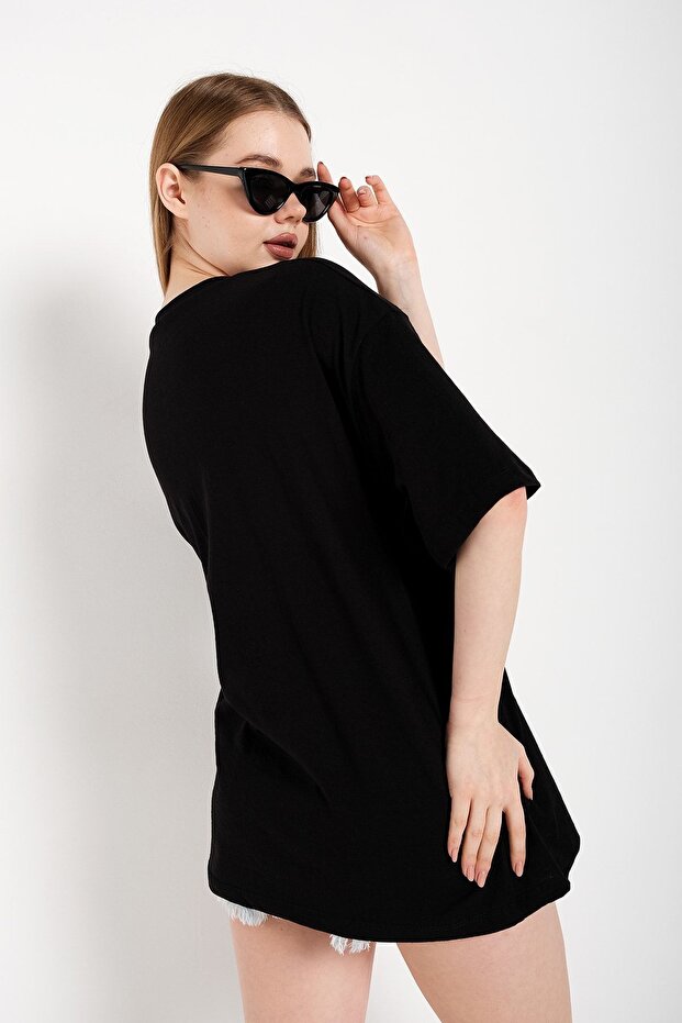 Kadın Siyah Oversize T-shirt - 4