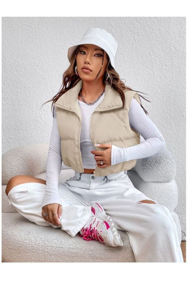 سترة قابلة للنفخ بسحاب باللون البيج - 3