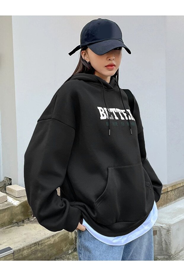 Kadın Siyah Better Baskılı Oversize Sweatshirt - 1