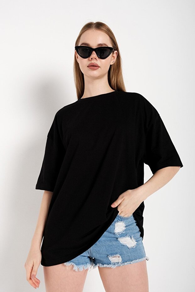 Kadın Siyah Oversize T-shirt - 1