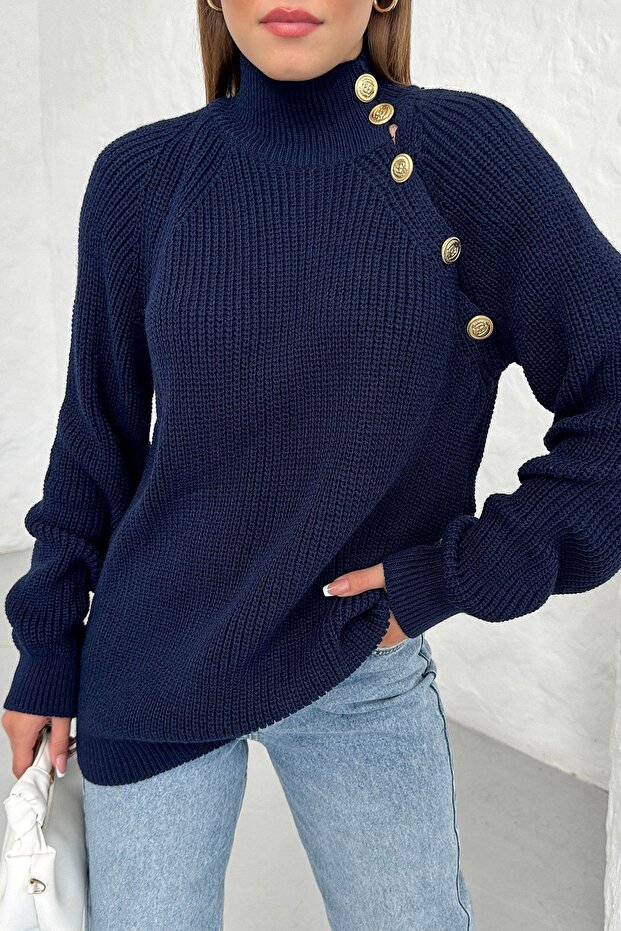 Women's Navy Blue High Collar Raglan Sleeve Button Detail Sweater
