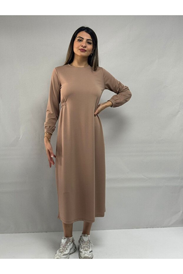 Bej Bel Detaylı Zara Crep Elbise - 1