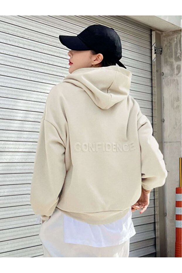 Women's 3 Thread Beige Confidence Printed Hooded Sweatshirt