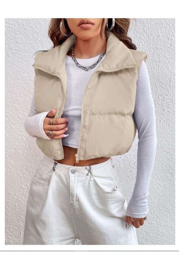 سترة قابلة للنفخ بسحاب باللون البيج - 1