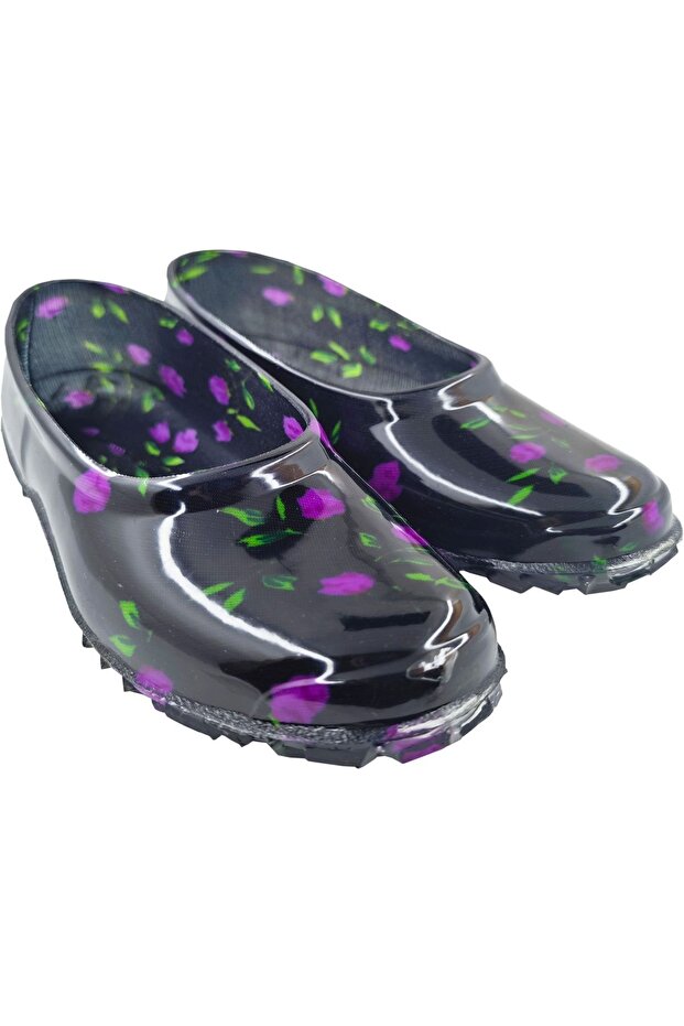 Women's Black Purple Floral Rubber Shoes