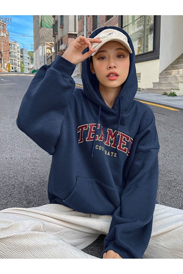 Women's Navy Blue Teamed Printed Hooded Sweatshirt