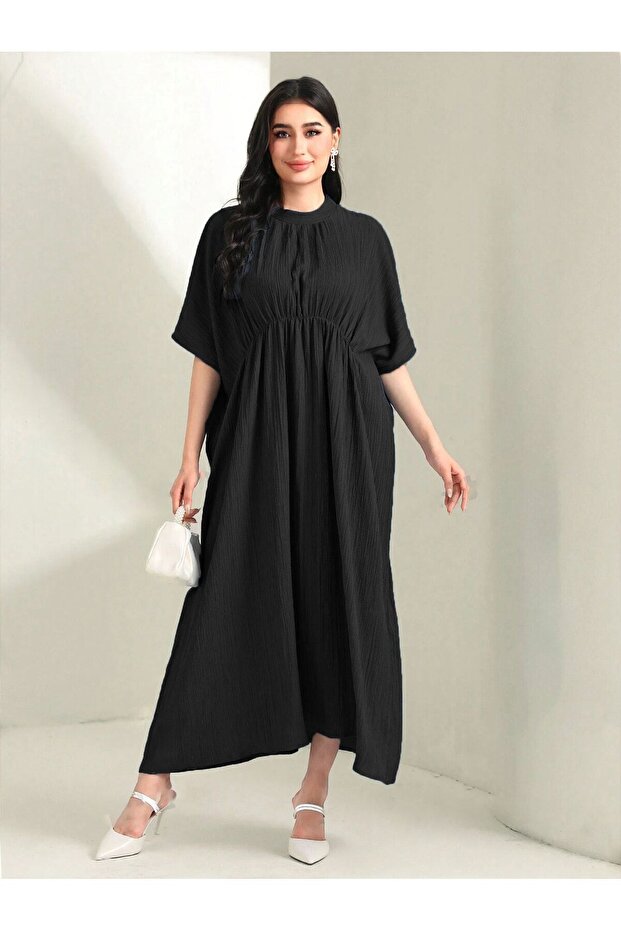 Siyah Yarasa Kollu Modest Elbise - 1