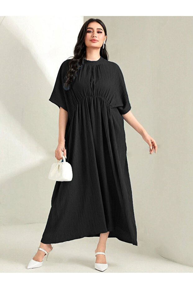 Siyah Yarasa Kollu Modest Elbise - 3