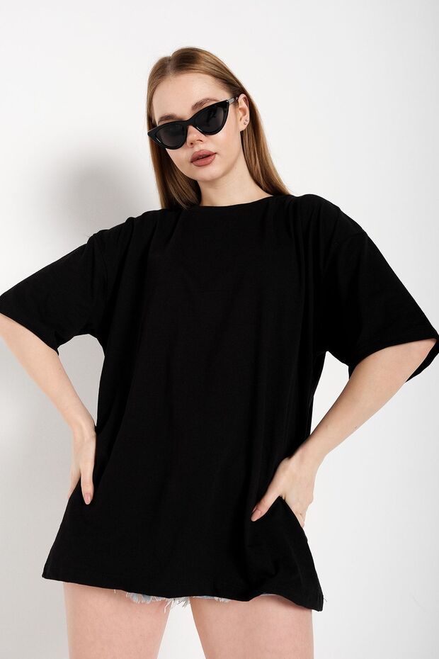 Kadın Siyah Oversize T-shirt - 3