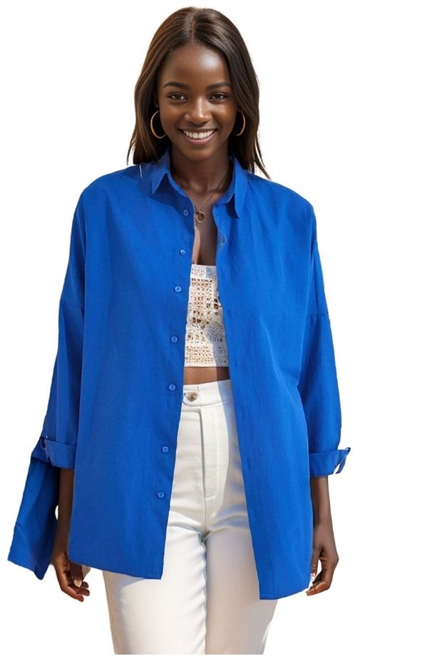Kadın Saks Mavisi Oversize Uzun Basic Gömlek - 4