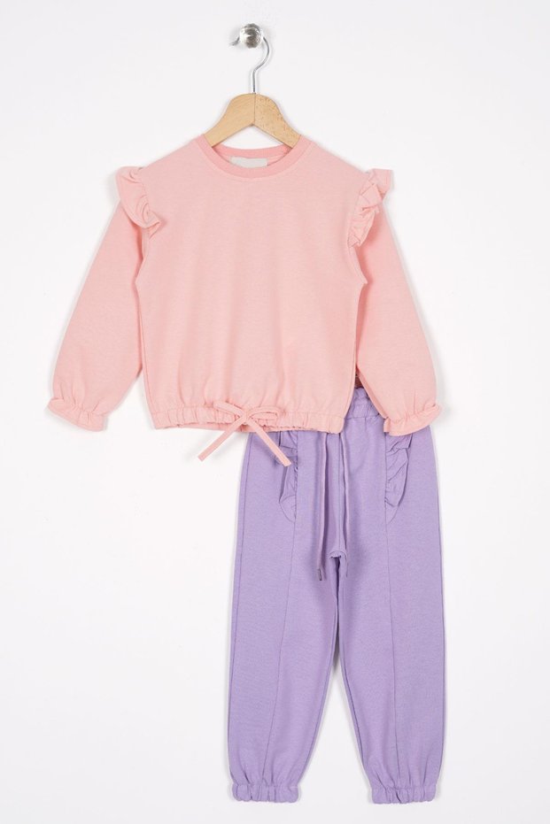 Crew Neck Long Sleeve Long Sleeve Trousers Stitched Detail Salmon Lilac Color Girl's Tracksuit Set
