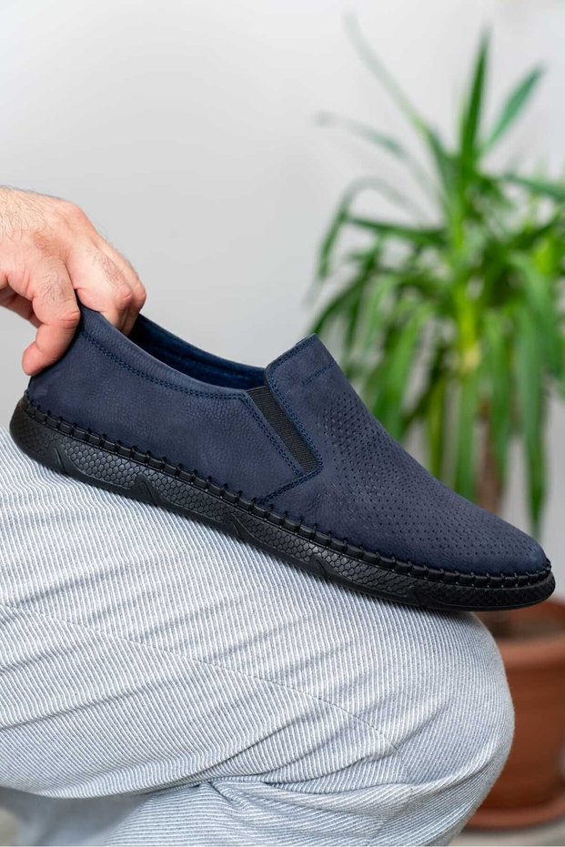 Men's Genuine Leather Shoes, Casual Shoes, Summer Shoes, Loafer Shoes, Dark Blue Nubuck