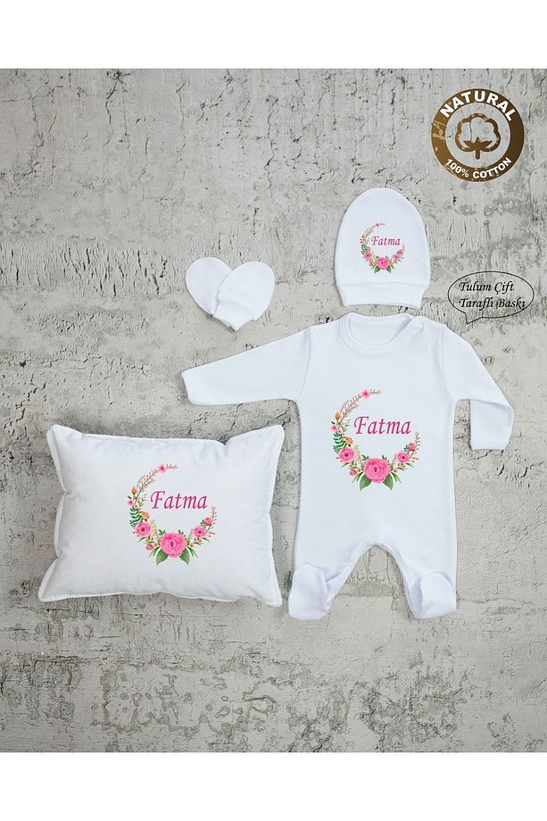 Tky14 Isimli Kız Bebek Yastık Tulum Şapka Eldiven Set - 1
