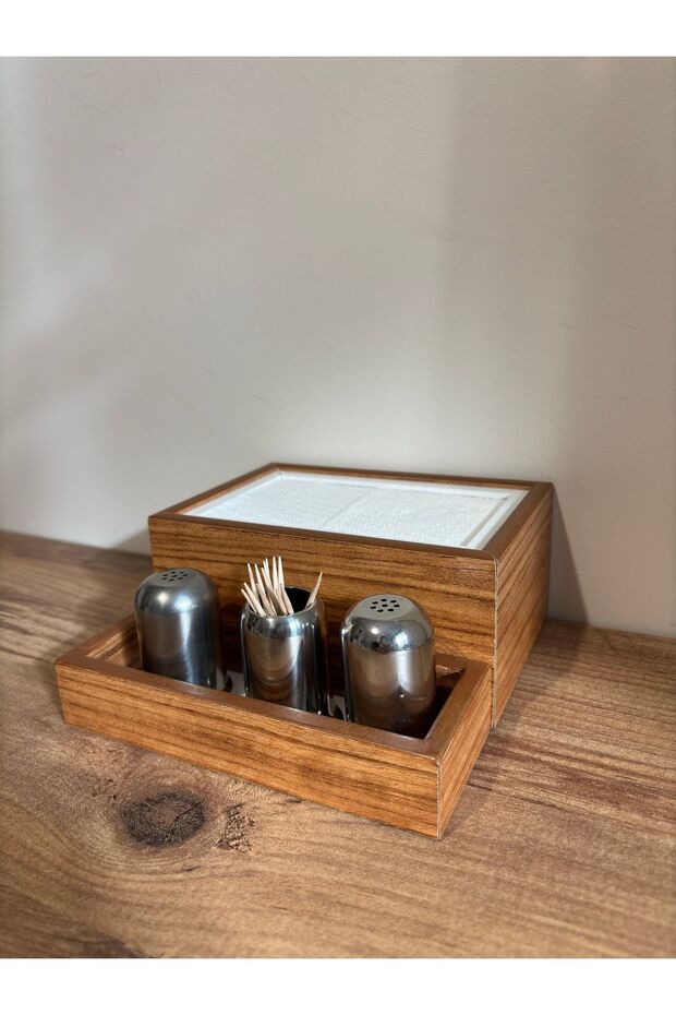 Wooden Napkin Holder with Spice Rack Compartment 1 Piece Restaurant Dispenser African Walnut [Excluding Spices]