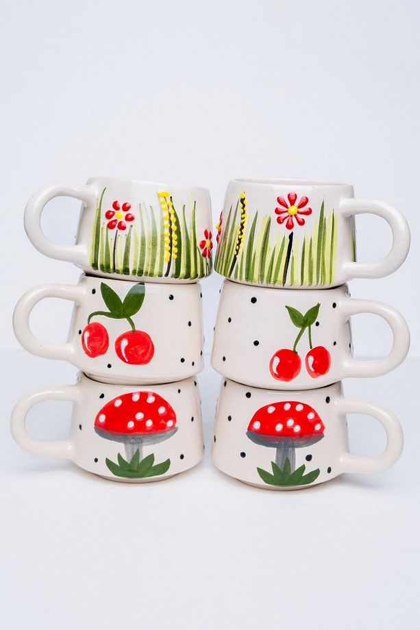 El Yapımı Seramik 6'lı Kahve Fincan Seti, Double Kupalar, Seramik Kırmızı Temalar Kahve Fincanı, Mug - 1
