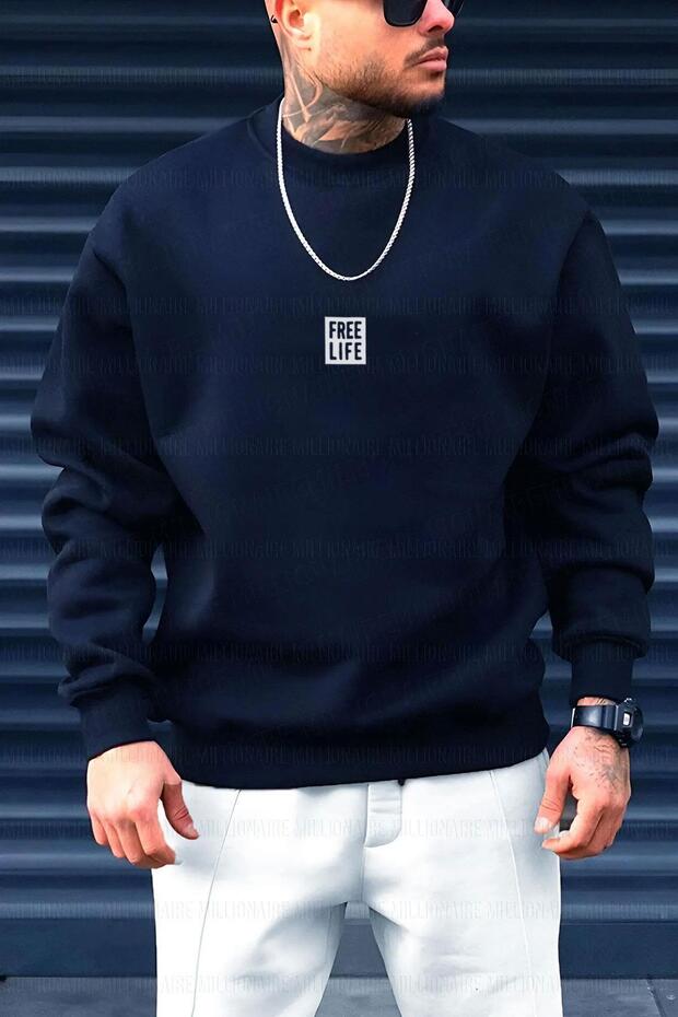 Men's Navy Blue Free Life Printed Thick Soft 3 Thread Raster 0 O-Neck Oversize Loose Sweatshirt