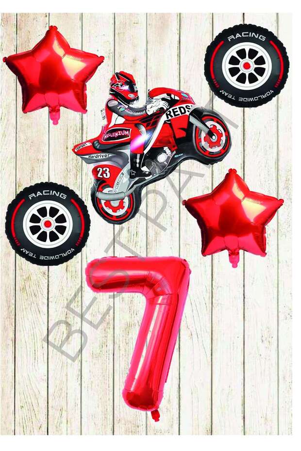 Best Motorcycle-Racing Tire and Red Number Star Foil Balloon Set Age-7