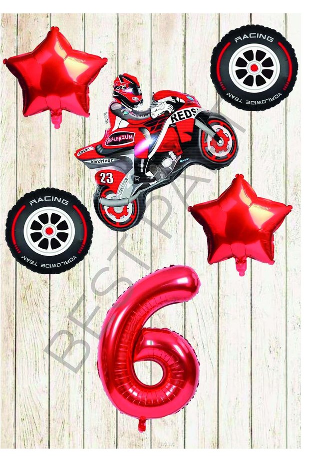 Best Motorcycle-Racing Tire and Red Number Star Foil Balloon Set Age-6