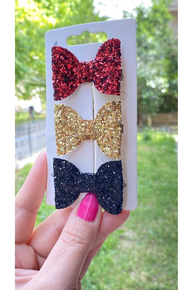 Red Gold Black Glittery Sequin Bow Metal Clip Buckle Set of 3