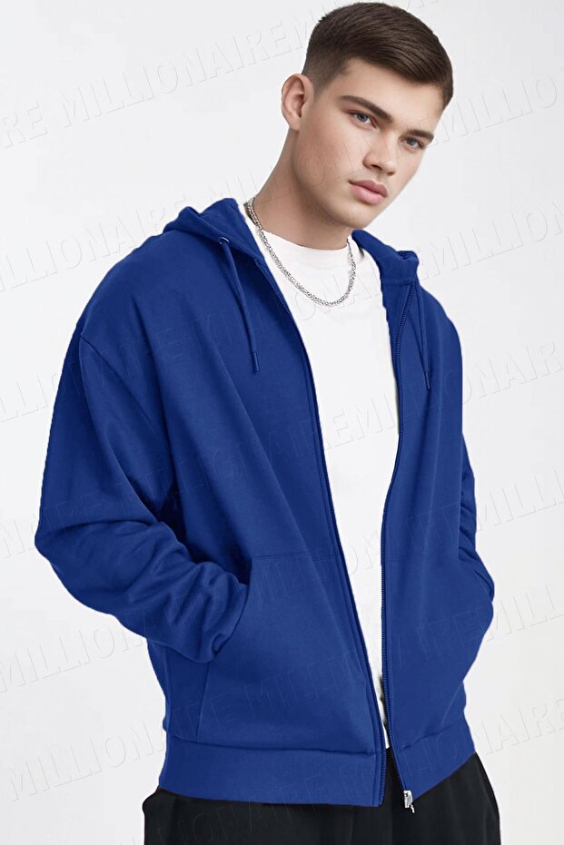 Men's Cobalt Blue Hooded Zipper 3 Three Yarn Fleece Kangaroo Oversize Sweatshirt Zip up Hoodie