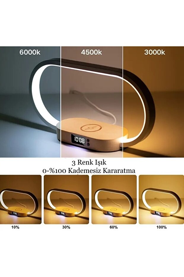 Çok Fonksiyonlu Kablosuz Şarj Standı Saat Led Masa Lambası Usb Portu Hızlı Şarj Istasyonu - 6