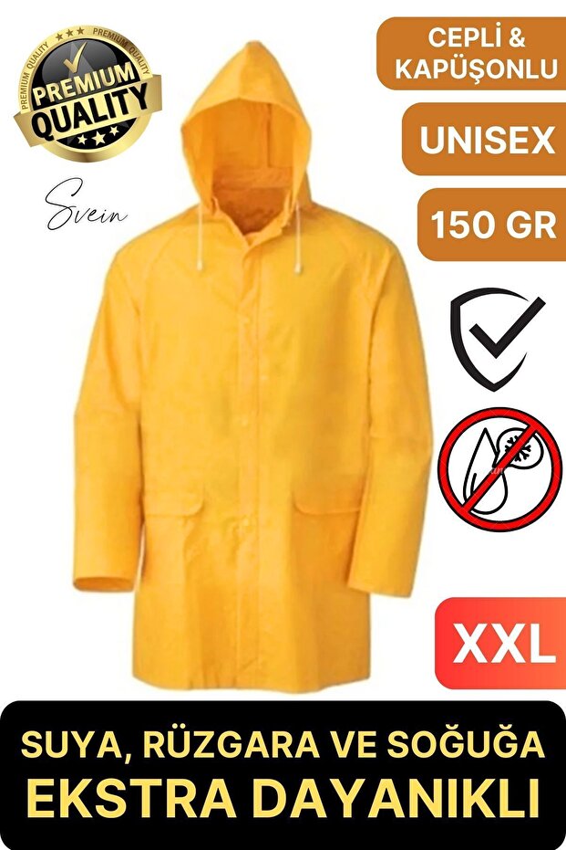 Premium Yellow XXL 150 Gr Raincoat with Hood Pocket Water Wind Cold Proof Unisex Snap Top Coat