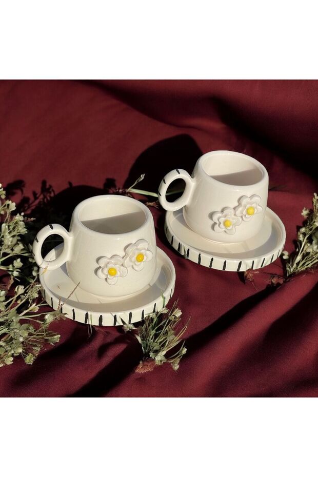 2 Pieces Handmade Ceramic Design Daisy Patterned Turkish Coffee Cup, Gift Dowry Mother's Day