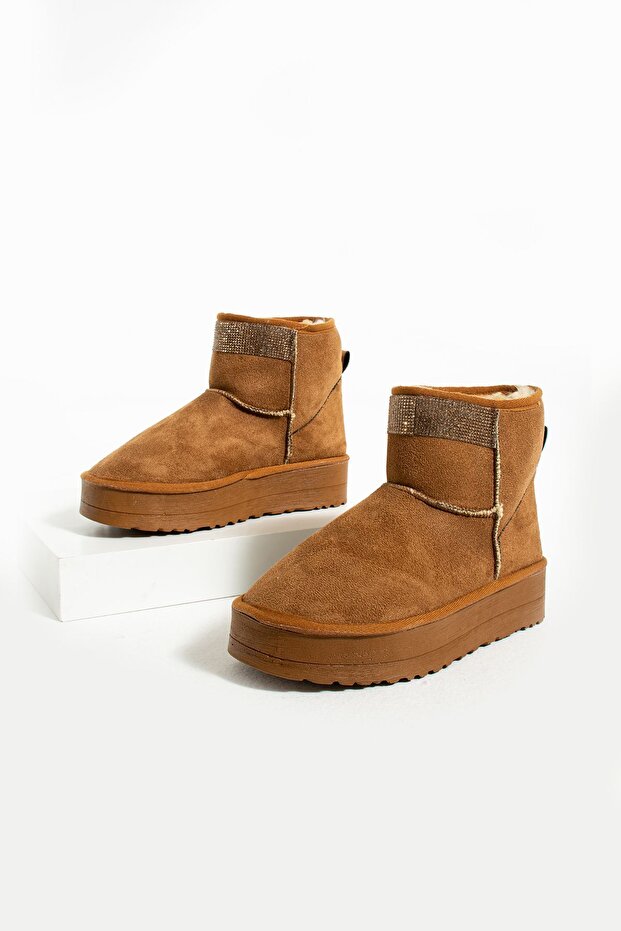 Kadın Taba Nubuk Yarım Bot Içi Tüylü Kalın Rahat Taban Taş Detaylı Bot Bootie Ayakkabı - 4