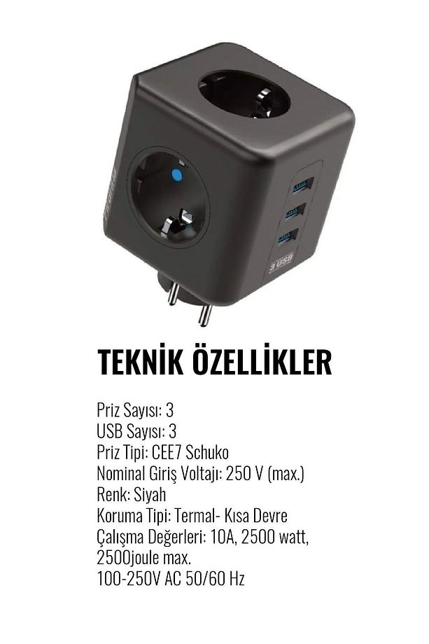 Termal Akım Korumalı Isıya Dayanıklı 3'lü Duvar Tipi Priz 2 X Usb 1 X Type C Çıkışlı - 3